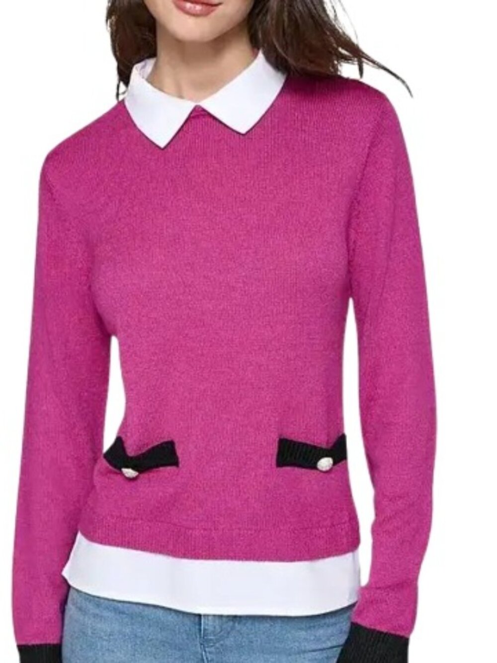 Karl Lagerfeld Paris Womens Twofer Sweater Fuschia Pink Pockets Wool Blend M New